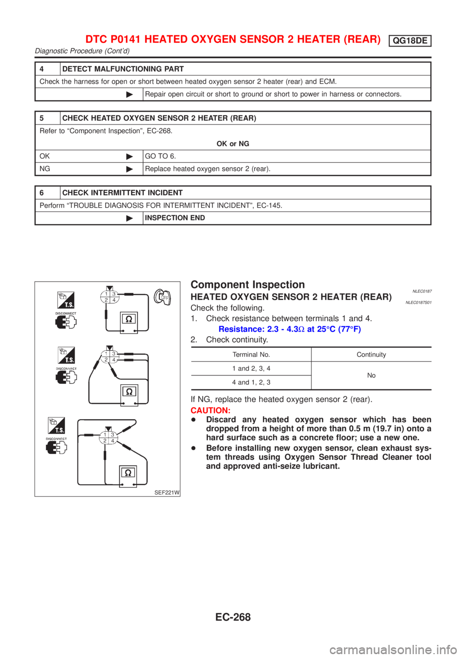 NISSAN ALMERA TINO 2001 Service Repair Manual 4 DETECT MALFUNCTIONING PART
Check the harness for open or short between heated oxygen sensor 2 heater (rear) and ECM.
©Repair open circuit or short to ground or short to power in harness or connecto NISSAN ALMERA TINO 2001 Service Repair Manual 4 DETECT MALFUNCTIONING PART
Check the harness for open or short between heated oxygen sensor 2 heater (rear) and ECM.
©Repair open circuit or short to ground or short to power in harness or connecto