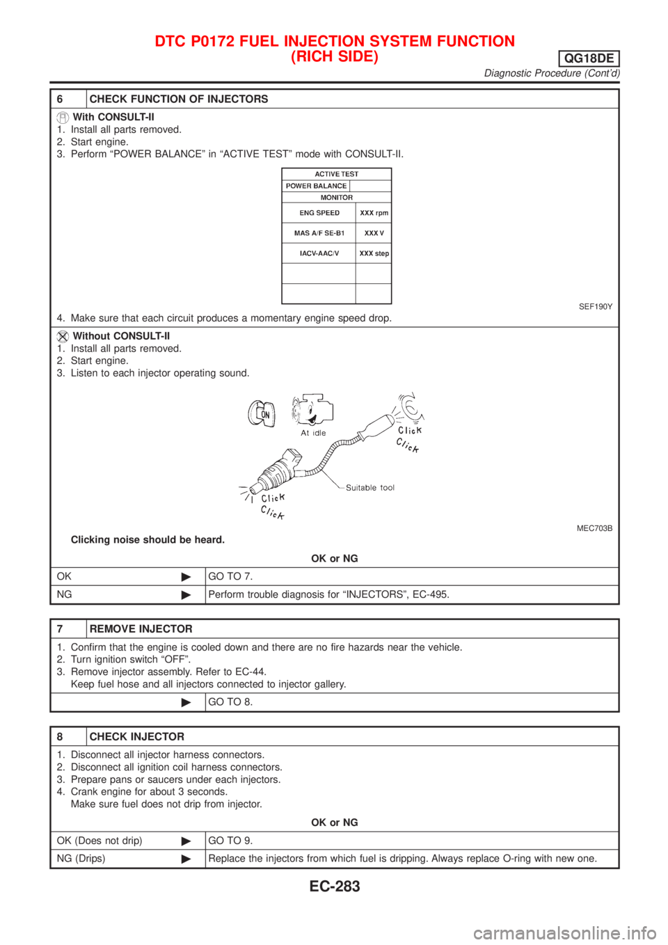 NISSAN ALMERA TINO 2001 Service Repair Manual 6 CHECK FUNCTION OF INJECTORS
With CONSULT-II
1. Install all parts removed.
2. Start engine.
3. Perform ªPOWER BALANCEº in ªACTIVE TESTº mode with CONSULT-II.
SEF190Y
4. Make sure that each circui NISSAN ALMERA TINO 2001 Service Repair Manual 6 CHECK FUNCTION OF INJECTORS
With CONSULT-II
1. Install all parts removed.
2. Start engine.
3. Perform ªPOWER BALANCEº in ªACTIVE TESTº mode with CONSULT-II.
SEF190Y
4. Make sure that each circui