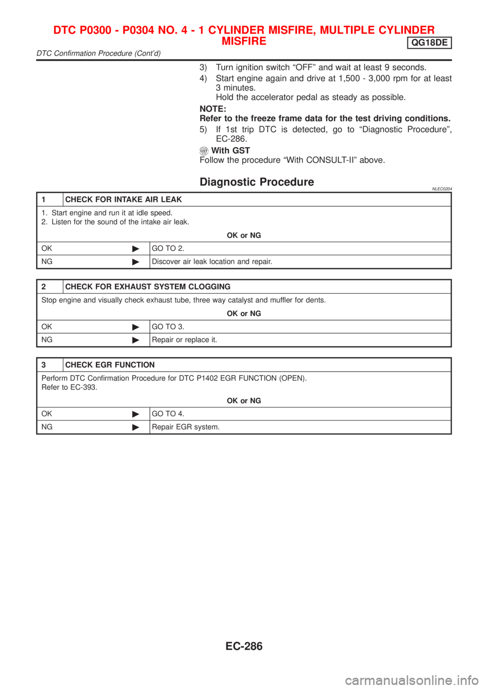 NISSAN ALMERA TINO 2001  Service Repair Manual 3) Turn ignition switch ªOFFº and wait at least 9 seconds.
4) Start engine again and drive at 1,500 - 3,000 rpm for at least
3 minutes.
Hold the accelerator pedal as steady as possible.
NOTE:
Refer 