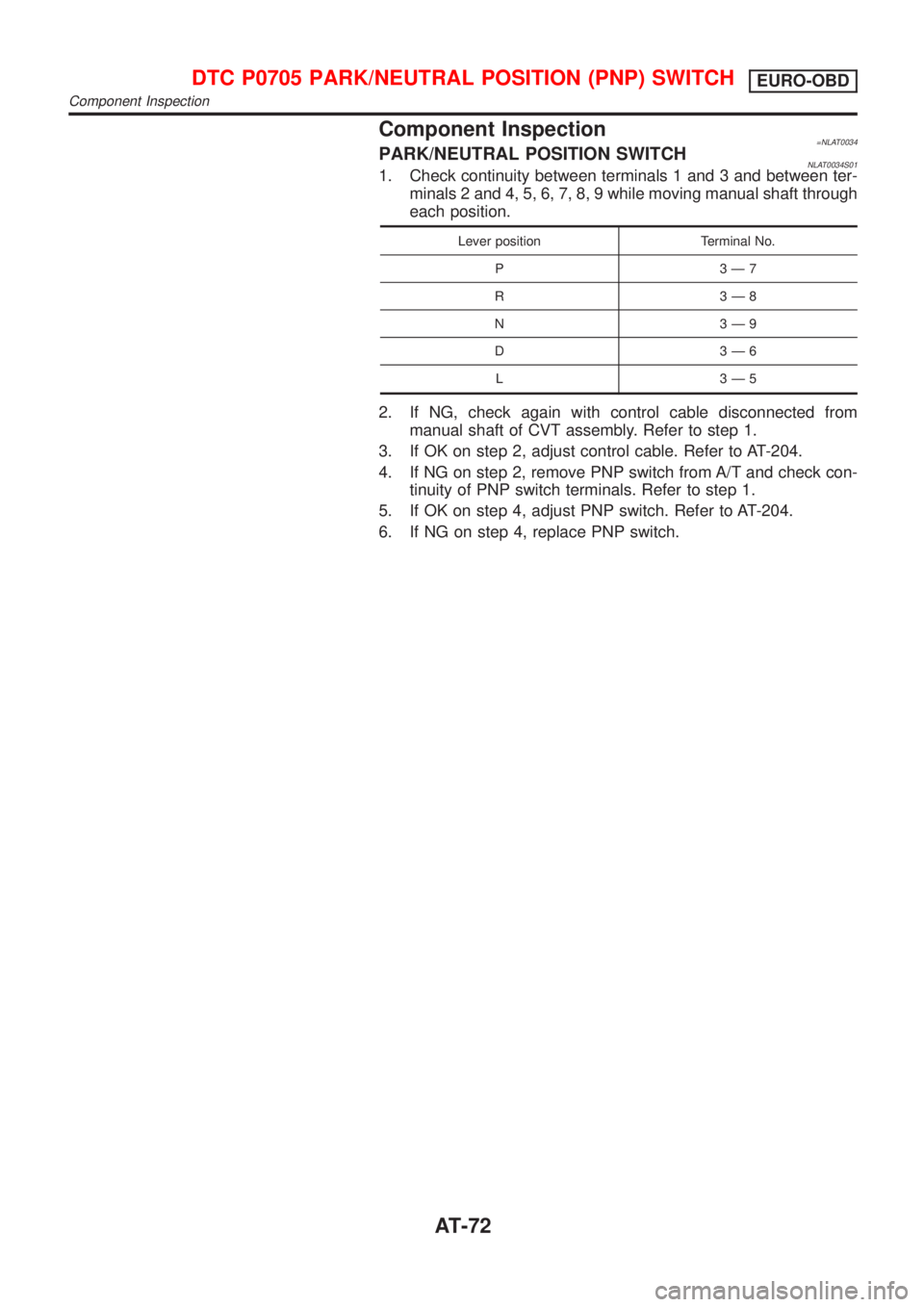 NISSAN ALMERA TINO 2001  Service Repair Manual Component Inspection=NLAT0034PARK/NEUTRAL POSITION SWITCHNLAT0034S011. Check continuity between terminals 1 and 3 and between ter-
minals 2 and 4, 5, 6, 7, 8, 9 while moving manual shaft through
each 