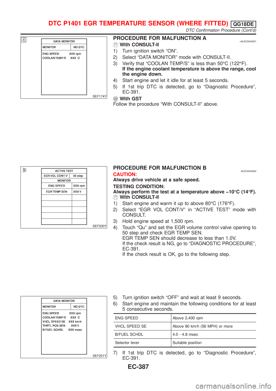 NISSAN ALMERA TINO 2001 Service Repair Manual SEF174Y
PROCEDURE FOR MALFUNCTION A=NLEC0344S01With CONSULT-II
1) Turn ignition switch ªONº.
2) Select ªDATA MONITORº mode with CONSULT-II.
3) Verify that ªCOOLAN TEMP/Sº is less than 50ÉC (122 NISSAN ALMERA TINO 2001 Service Repair Manual SEF174Y
PROCEDURE FOR MALFUNCTION A=NLEC0344S01With CONSULT-II
1) Turn ignition switch ªONº.
2) Select ªDATA MONITORº mode with CONSULT-II.
3) Verify that ªCOOLAN TEMP/Sº is less than 50ÉC (122