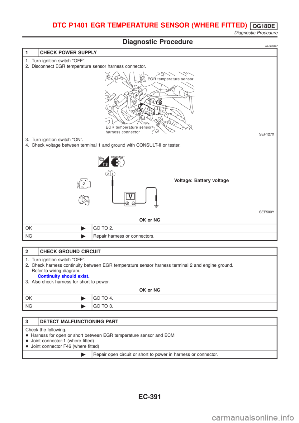 NISSAN ALMERA TINO 2001  Service Repair Manual Diagnostic ProcedureNLEC0347
1 CHECK POWER SUPPLY
1. Turn ignition switch ªOFFº.
2. Disconnect EGR temperature sensor harness connector.
SEF127X
3. Turn ignition switch ªONº.
4. Check voltage betw