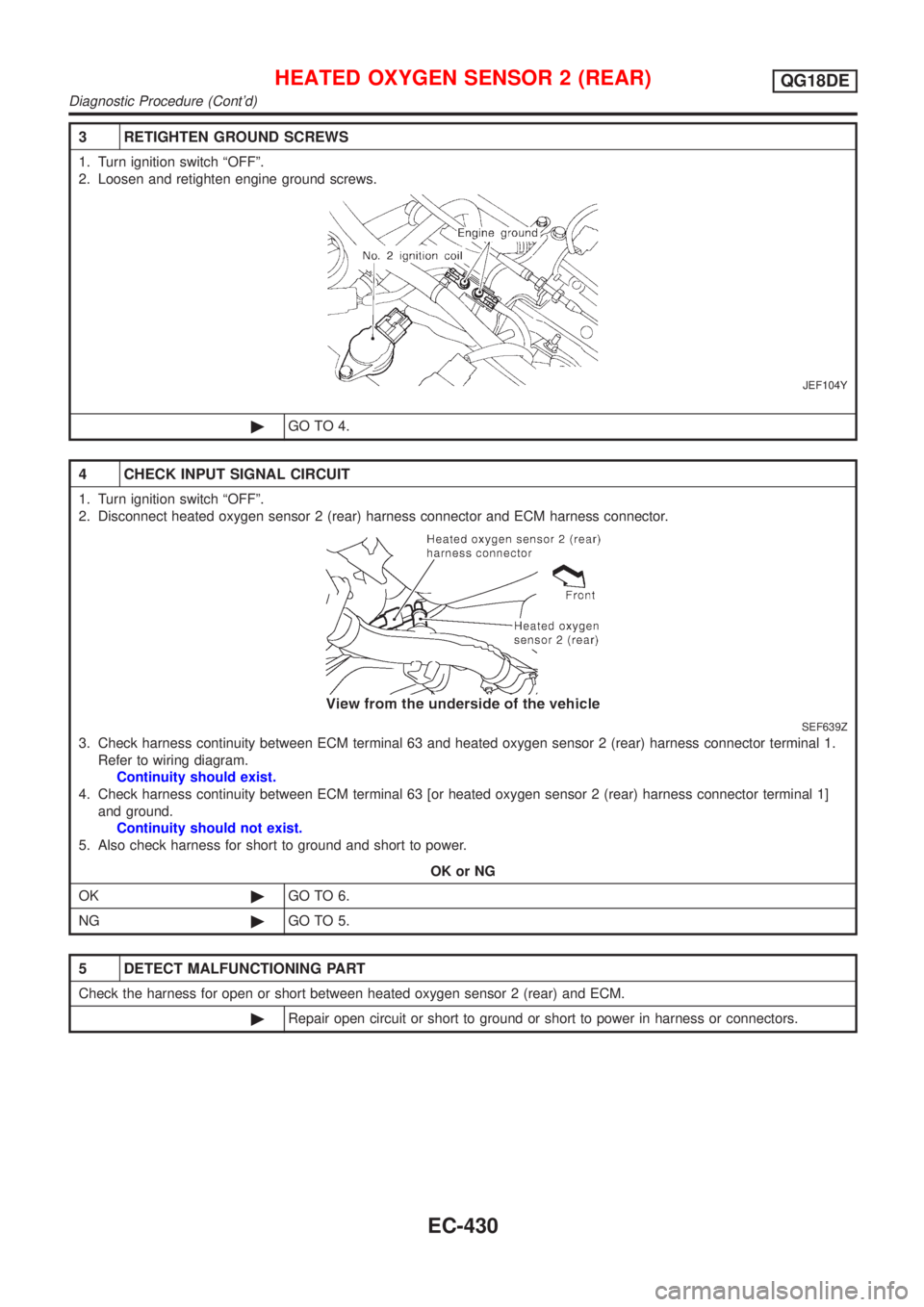 NISSAN ALMERA TINO 2001  Service Repair Manual 3 RETIGHTEN GROUND SCREWS
1. Turn ignition switch ªOFFº.
2. Loosen and retighten engine ground screws.
JEF104Y
©GO TO 4.
4 CHECK INPUT SIGNAL CIRCUIT
1. Turn ignition switch ªOFFº.
2. Disconnect 