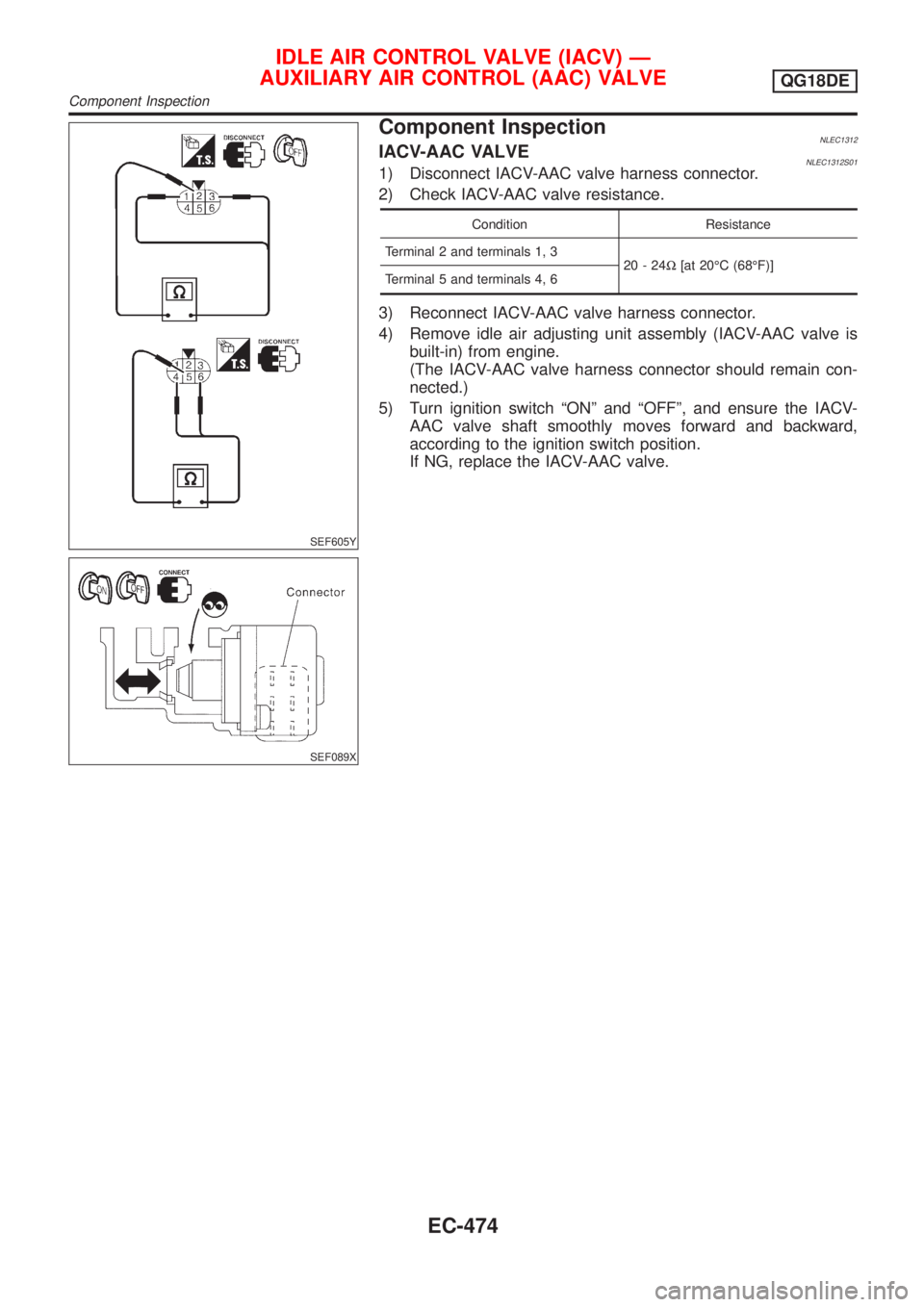 NISSAN ALMERA TINO 2001  Service Repair Manual SEF605Y
SEF089X
Component InspectionNLEC1312IACV-AAC VALVENLEC1312S011) Disconnect IACV-AAC valve harness connector.
2) Check IACV-AAC valve resistance.
Condition Resistance
Terminal 2 and terminals 1