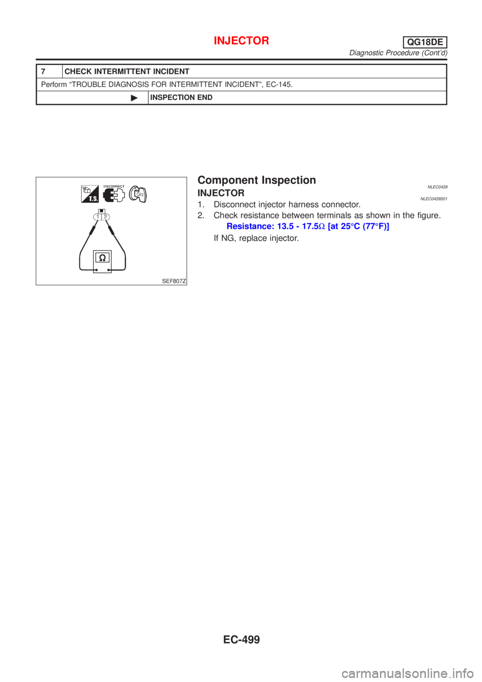 NISSAN ALMERA TINO 2001  Service Repair Manual 7 CHECK INTERMITTENT INCIDENT
Perform ªTROUBLE DIAGNOSIS FOR INTERMITTENT INCIDENTº, EC-145.
©INSPECTION END
SEF807Z
Component InspectionNLEC0439INJECTORNLEC0439S011. Disconnect injector harness co