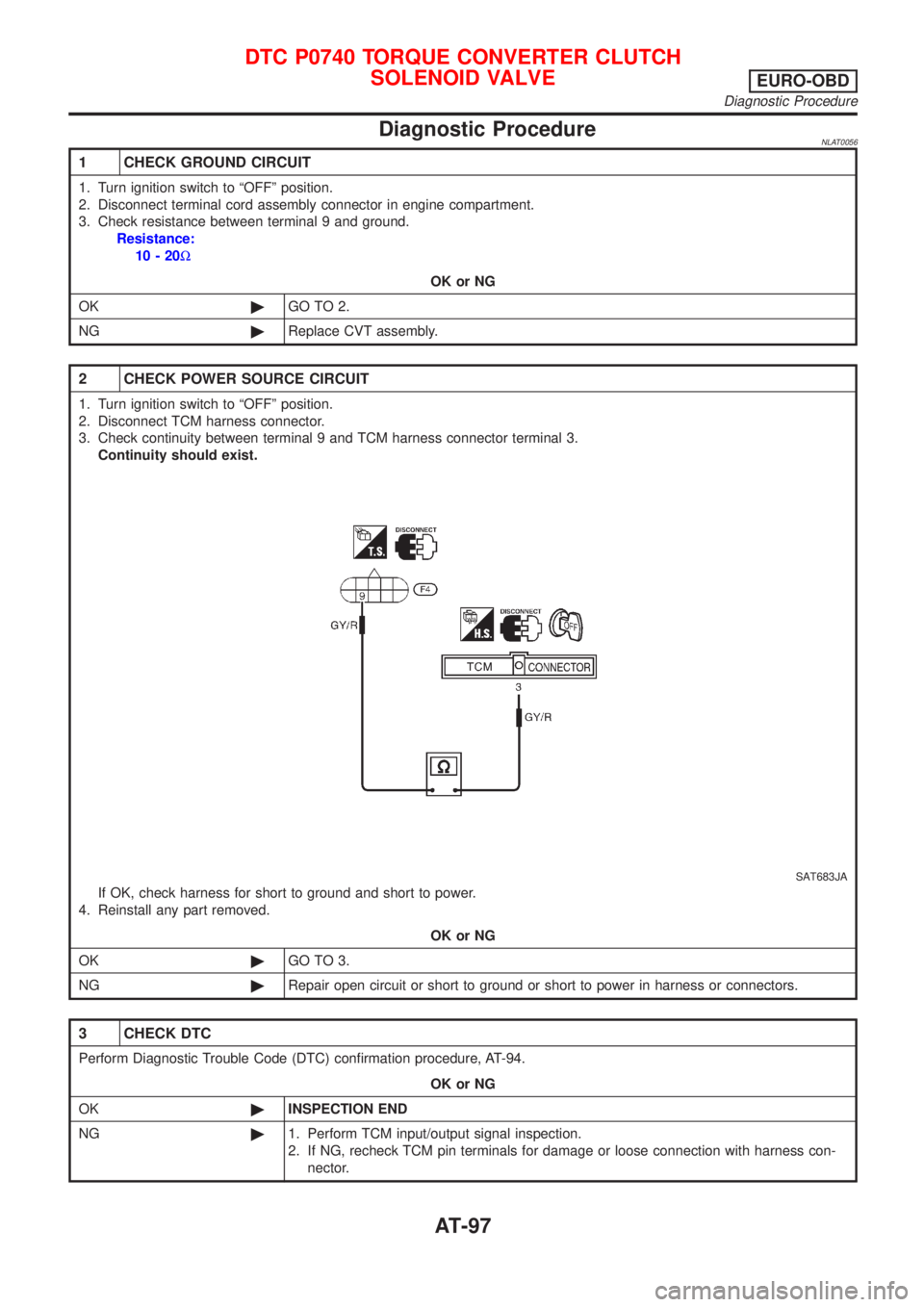 NISSAN ALMERA TINO 2001 Service Repair Manual Diagnostic ProcedureNLAT0056
1 CHECK GROUND CIRCUIT
1. Turn ignition switch to ªOFFº position.
2. Disconnect terminal cord assembly connector in engine compartment.
3. Check resistance between termi NISSAN ALMERA TINO 2001 Service Repair Manual Diagnostic ProcedureNLAT0056
1 CHECK GROUND CIRCUIT
1. Turn ignition switch to ªOFFº position.
2. Disconnect terminal cord assembly connector in engine compartment.
3. Check resistance between termi