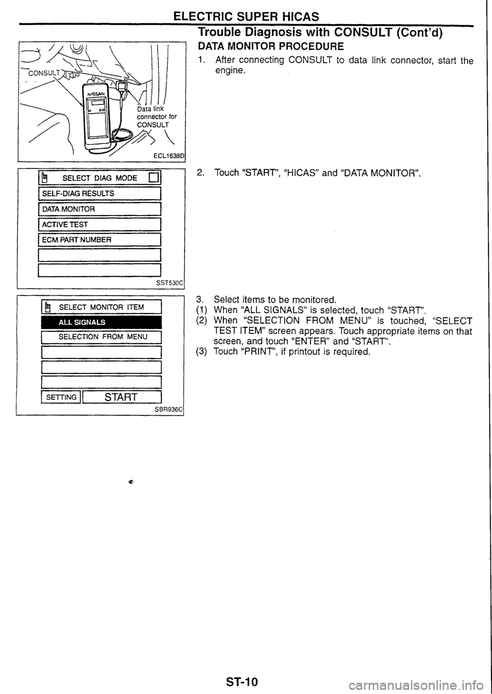 NISSAN GT-R 1998  Service Manual 
ELECTRIC SUPER HICAS 
Trouble Diagnosis with CONSULT (Contd) 
connector for 
b SELECT  DlAG  MODE 01 b SELF-DIAG RESULTS 
DATA  MONITOR 
ACTIVE  TEST 
ECM PART NUMBER 
I k SELECT  MONITOR ITEM I 1 
