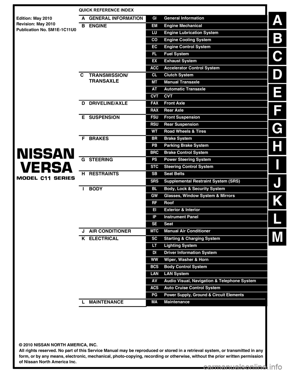 NISSAN LATIO 2011  Service Repair Manual -1
QUICK REFERENCE INDEX 
AGENERAL INFORMATIONGIGeneral Information
BENGINEEMEngine Mechanical
LUEngine Lubrication System
COEngine Cooling System
ECEngine Control System
FLFuel System
EXExhaust Syste