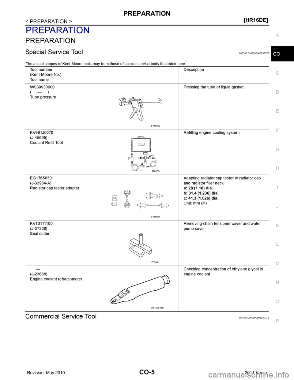 NISSAN LATIO 2011  Service Repair Manual PREPARATIONCO-5
< PREPARATION > [HR16DE]
C
D
E
F
G H
I
J
K L
M A
CO
NP
O
PREPARATION
PREPARATION
Special Service ToolINFOID:0000000005930772
The actual shapes of Kent-Moore tools may from 
those of sp