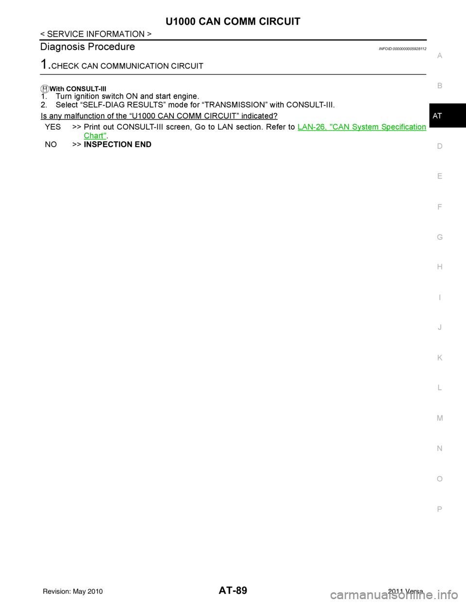 NISSAN LATIO 2011  Service Repair Manual U1000 CAN COMM CIRCUITAT-89
< SERVICE INFORMATION >
DE
F
G H
I
J
K L
M A
B
AT
N
O P
Diagnosis ProcedureINFOID:0000000005928112
1.CHECK CAN COMMUNICATION CIRCUIT
With CONSULT-III1. Turn ignition switch