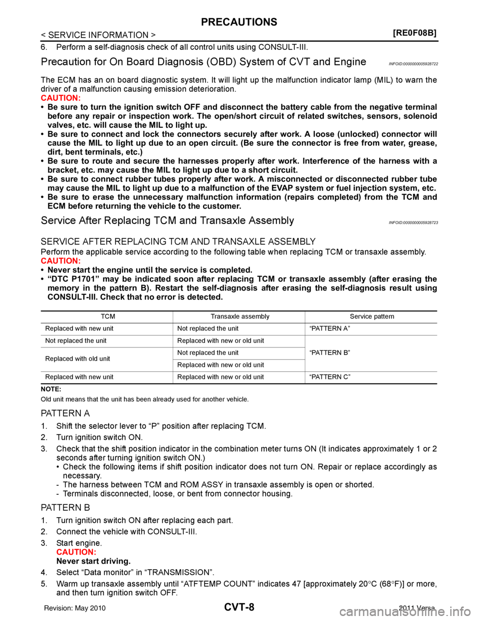 NISSAN LATIO 2011  Service Repair Manual CVT-8
< SERVICE INFORMATION >[RE0F08B]
PRECAUTIONS
6. Perform a self-diagnosis check of a
ll control units using CONSULT-III. 
Precaution for On Board Diagnosis (OBD) System of CVT and EngineINFOID:00