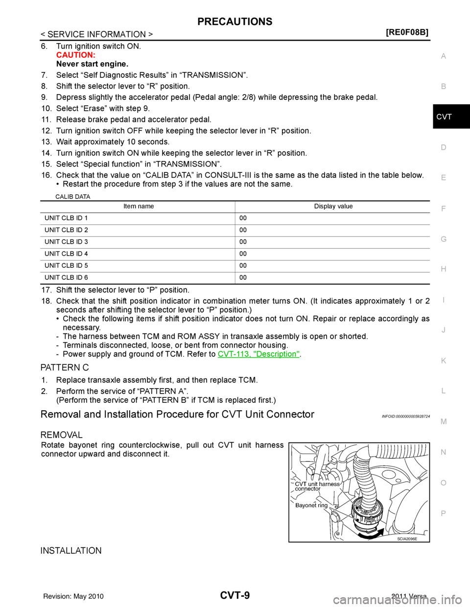 NISSAN LATIO 2011  Service Repair Manual PRECAUTIONSCVT-9
< SERVICE INFORMATION > [RE0F08B]
D
E
F
G H
I
J
K L
M A
B
CVT
N
O P
6. Turn ignition switch ON. CAUTION:
Never start engine.
7. Select “Self Diagnostic Results” in “TRANSMISSION