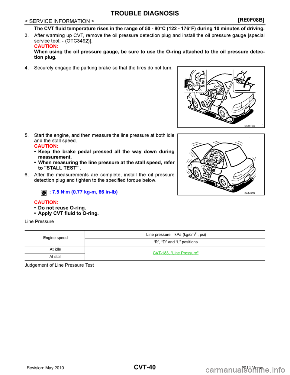 NISSAN LATIO 2011  Service Repair Manual CVT-40
< SERVICE INFORMATION >[RE0F08B]
TROUBLE DIAGNOSIS
The CVT fluid temperature rises in the range of 50 - 80
°C (122 - 176° F) during 10 minutes of driving.
3. After warming up CVT, remove the 