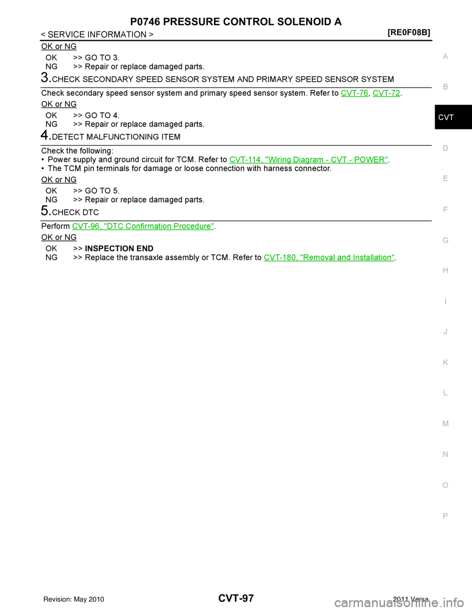 NISSAN LATIO 2011  Service Repair Manual P0746 PRESSURE CONTROL SOLENOID ACVT-97
< SERVICE INFORMATION > [RE0F08B]
D
E
F
G H
I
J
K L
M A
B
CVT
N
O P
OK or NG
OK >> GO TO 3.
NG >> Repair or replace damaged parts.
3.CHECK SECONDARY SPEED SENSO