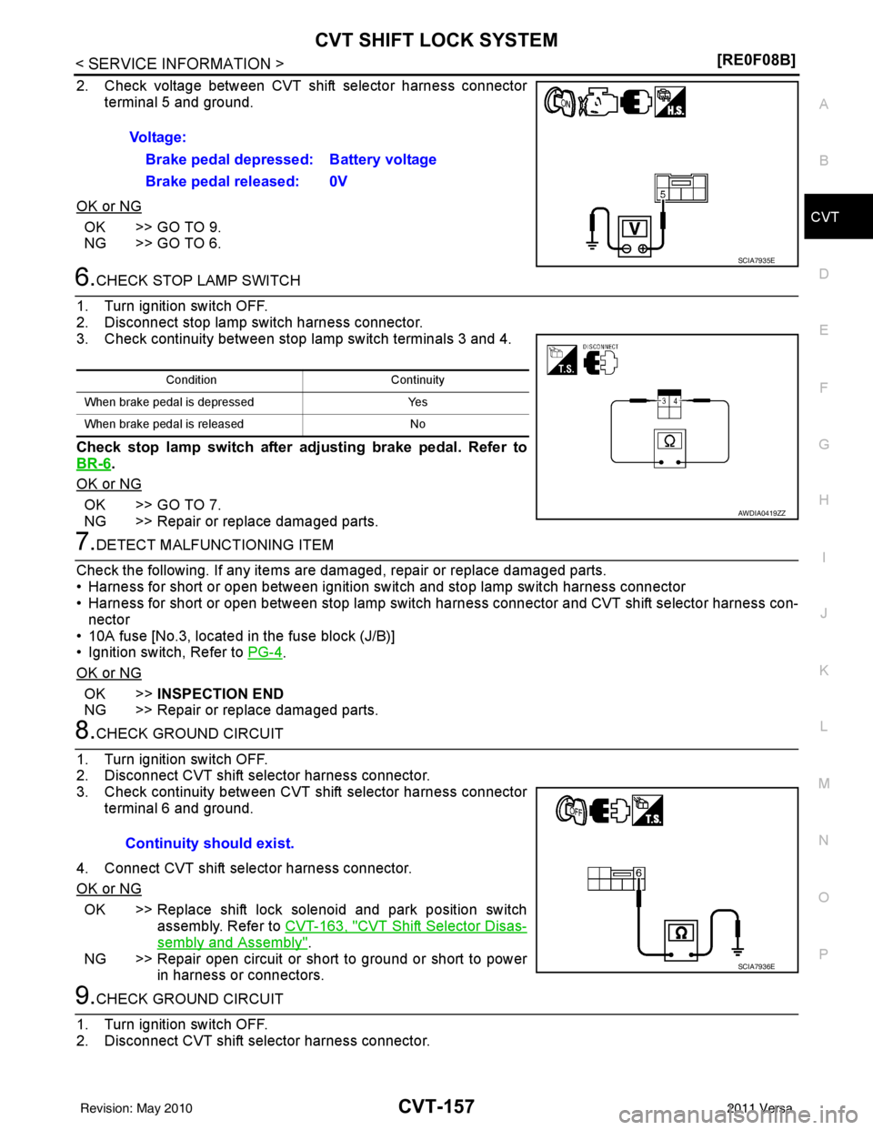 NISSAN LATIO 2011  Service Repair Manual CVT SHIFT LOCK SYSTEMCVT-157
< SERVICE INFORMATION > [RE0F08B]
D
E
F
G H
I
J
K L
M A
B
CVT
N
O P
2. Check voltage between CVT shift selector harness connector terminal 5 and ground.
OK or NG
OK >> GO 