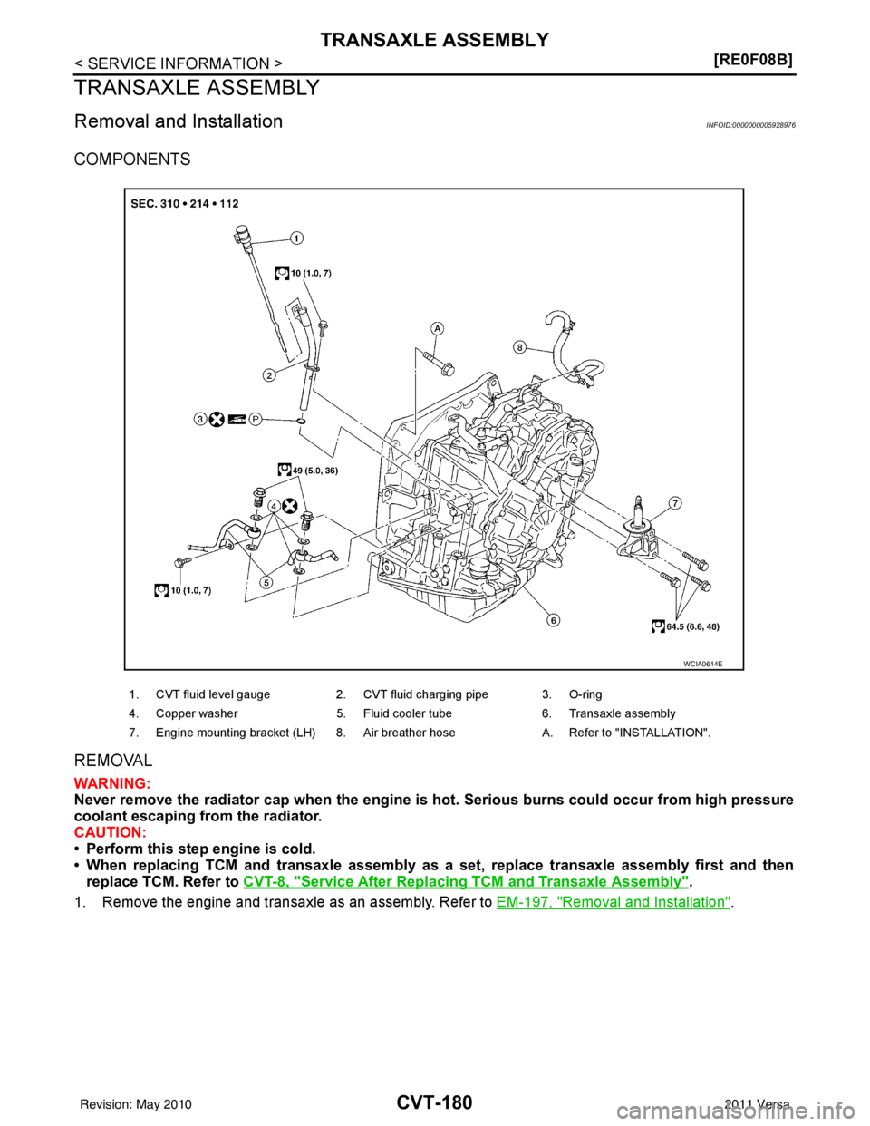 NISSAN LATIO 2011  Service Repair Manual CVT-180
< SERVICE INFORMATION >[RE0F08B]
TRANSAXLE ASSEMBLY
TRANSAXLE ASSEMBLY
Removal and InstallationINFOID:0000000005928976
COMPONENTS
REMOVAL
WARNING:
Never remove the radiator cap when the engine