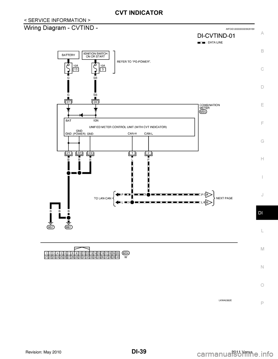 NISSAN LATIO 2011  Service Repair Manual CVT INDICATORDI-39
< SERVICE INFORMATION >
C
DE
F
G H
I
J
L
M A
B
DI
N
O P
Wiring Diagram - CVTIND -INFOID:0000000005929189
LKWA0362E
Revision: May 2010 2011 Versa 