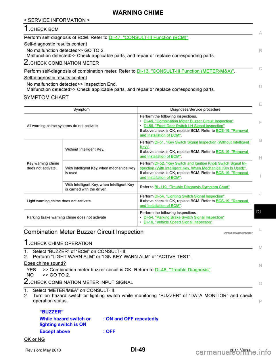 NISSAN LATIO 2011  Service Repair Manual WARNING CHIMEDI-49
< SERVICE INFORMATION >
C
DE
F
G H
I
J
L
M A
B
DI
N
O P
1.CHECK BCM
Perform self-diagnosis of BCM. Refer to  DI-47, "
CONSULT-III Function (BCM)".
Self
-diagnostic results content
N