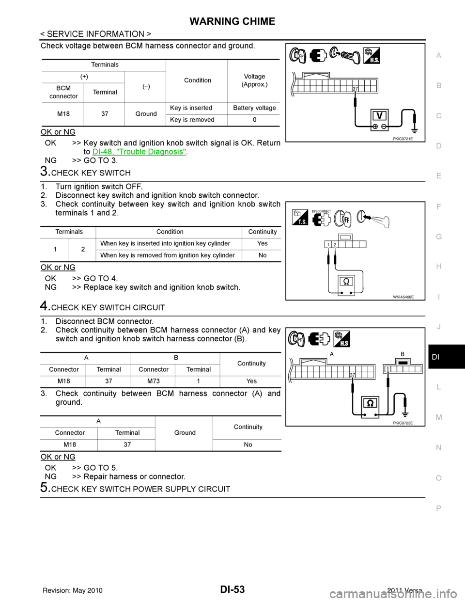 NISSAN LATIO 2011  Service Repair Manual WARNING CHIMEDI-53
< SERVICE INFORMATION >
C
DE
F
G H
I
J
L
M A
B
DI
N
O P
Check voltage between BCM harness connector and ground.
OK or NG
OK >> Key switch and ignition knob switch signal is OK. Retu