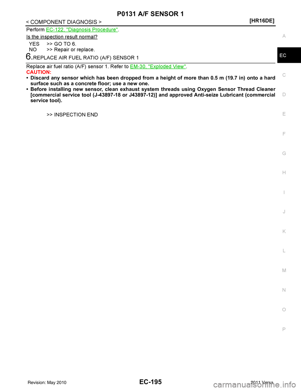 NISSAN LATIO 2011  Service Repair Manual P0131 A/F SENSOR 1EC-195
< COMPONENT DIAGNOSIS > [HR16DE]
C
D
E
F
G H
I
J
K L
M A
EC
NP
O
Perform 
EC-122, "Diagnosis Procedure".
Is the inspection result normal?
YES >> GO TO 6.
NO >> Repair or repla