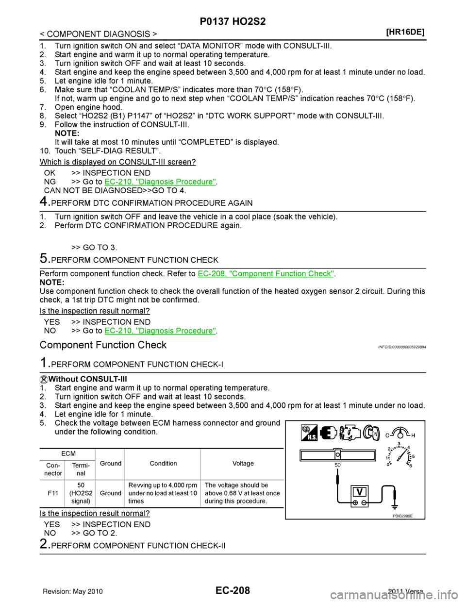 NISSAN LATIO 2011  Service Repair Manual EC-208
< COMPONENT DIAGNOSIS >[HR16DE]
P0137 HO2S2
1. Turn ignition switch ON and select “DATA MONITOR” mode with CONSULT-III.
2. Start engine and warm it up to normal operating temperature.
3. Tu