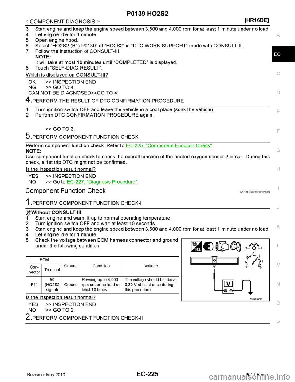 NISSAN LATIO 2011  Service Repair Manual P0139 HO2S2EC-225
< COMPONENT DIAGNOSIS > [HR16DE]
C
D
E
F
G H
I
J
K L
M A
EC
NP
O
3. Start engine and keep the engine speed between 3,500 and 4,000 rpm for at least 1 minute under no load.
4. Let eng