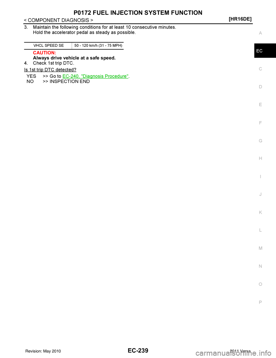 NISSAN LATIO 2011  Service Repair Manual P0172 FUEL INJECTION SYSTEM FUNCTIONEC-239
< COMPONENT DIAGNOSIS > [HR16DE]
C
D
E
F
G H
I
J
K L
M A
EC
NP
O
3. Maintain the following conditions for at least 10 consecutive minutes.
Hold the accelerat