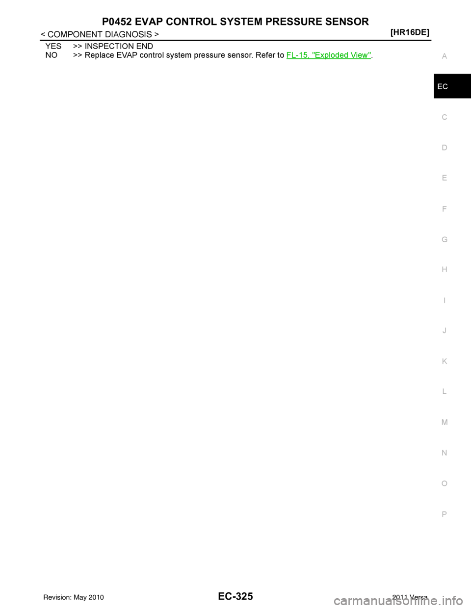 NISSAN LATIO 2011  Service Repair Manual P0452 EVAP CONTROL SYSTEM PRESSURE SENSOREC-325
< COMPONENT DIAGNOSIS > [HR16DE]
C
D
E
F
G H
I
J
K L
M A
EC
NP
O
YES >> INSPECTION END
NO >> Replace EVAP control system pressure sensor. Refer to 
FL-1