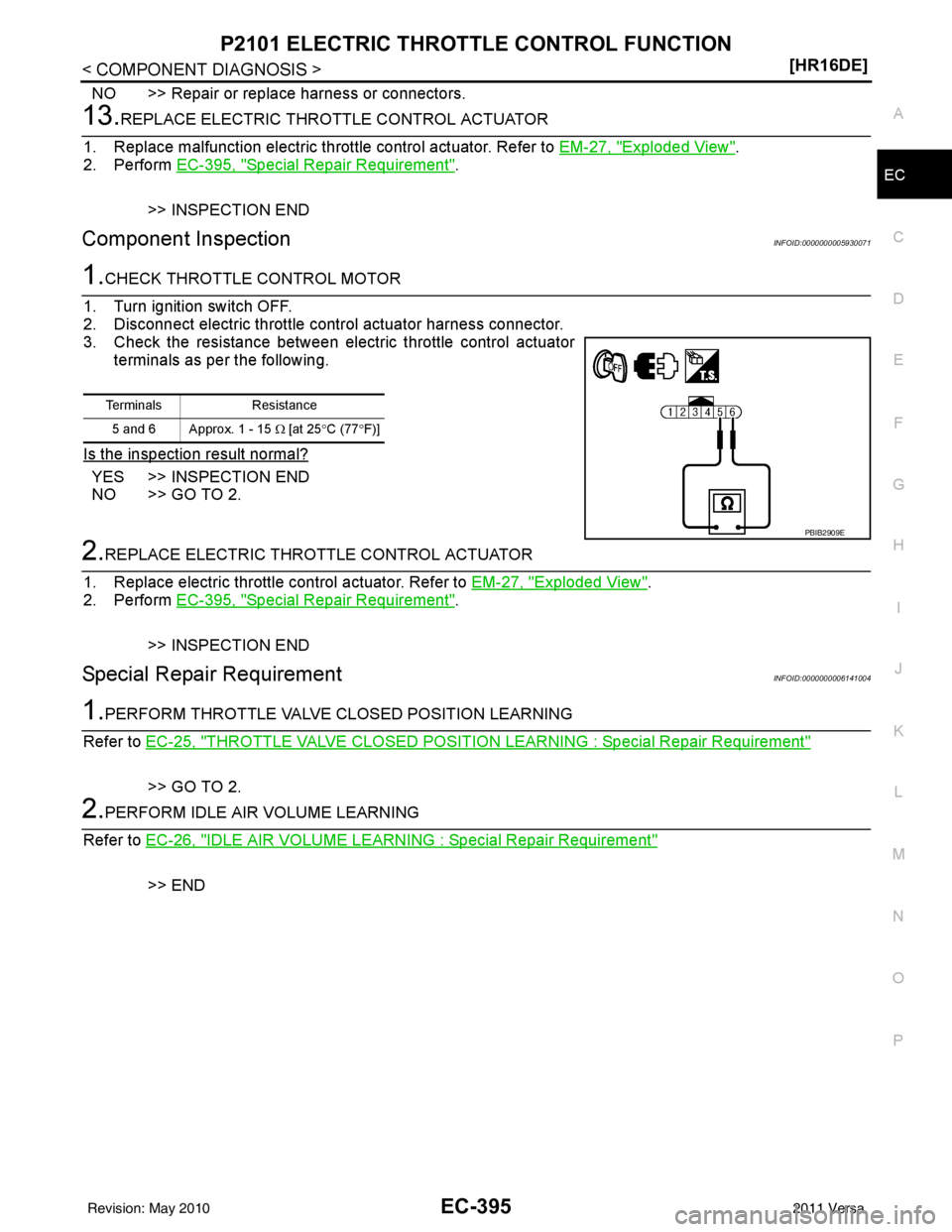 NISSAN LATIO 2011  Service Repair Manual P2101 ELECTRIC THROTTLE CONTROL FUNCTIONEC-395
< COMPONENT DIAGNOSIS > [HR16DE]
C
D
E
F
G H
I
J
K L
M A
EC
NP
O
NO >> Repair or replace harness or connectors.
13.REPLACE ELECTRIC THROTTLE CONTROL ACTU