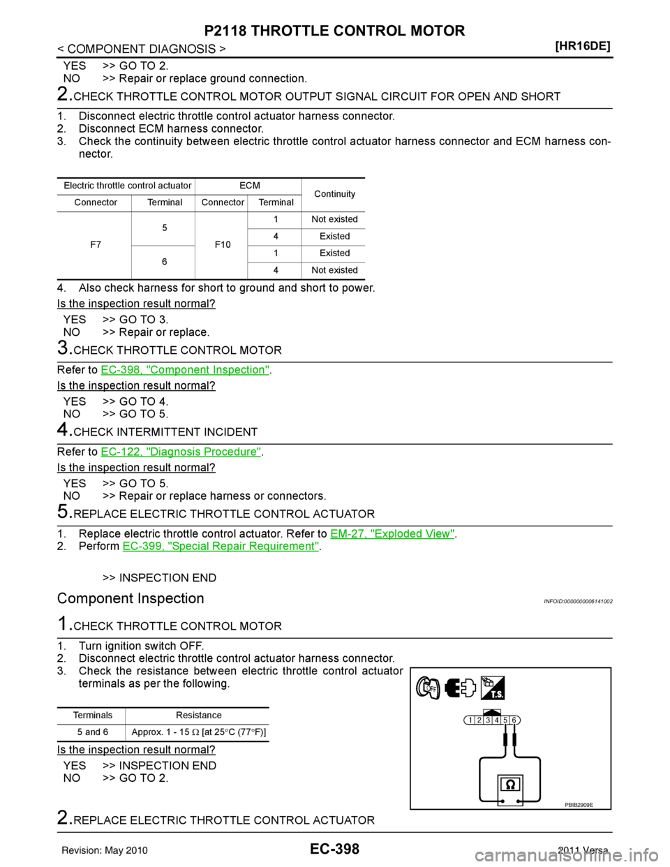 NISSAN LATIO 2011  Service Repair Manual EC-398
< COMPONENT DIAGNOSIS >[HR16DE]
P2118 THROTTLE CONTROL MOTOR
YES >> GO TO 2.
NO >> Repair or replace ground connection.
2.CHECK THROTTLE CONTROL MOTOR OUTPUT
 SIGNAL CIRCUIT FOR OPEN AND SHORT
