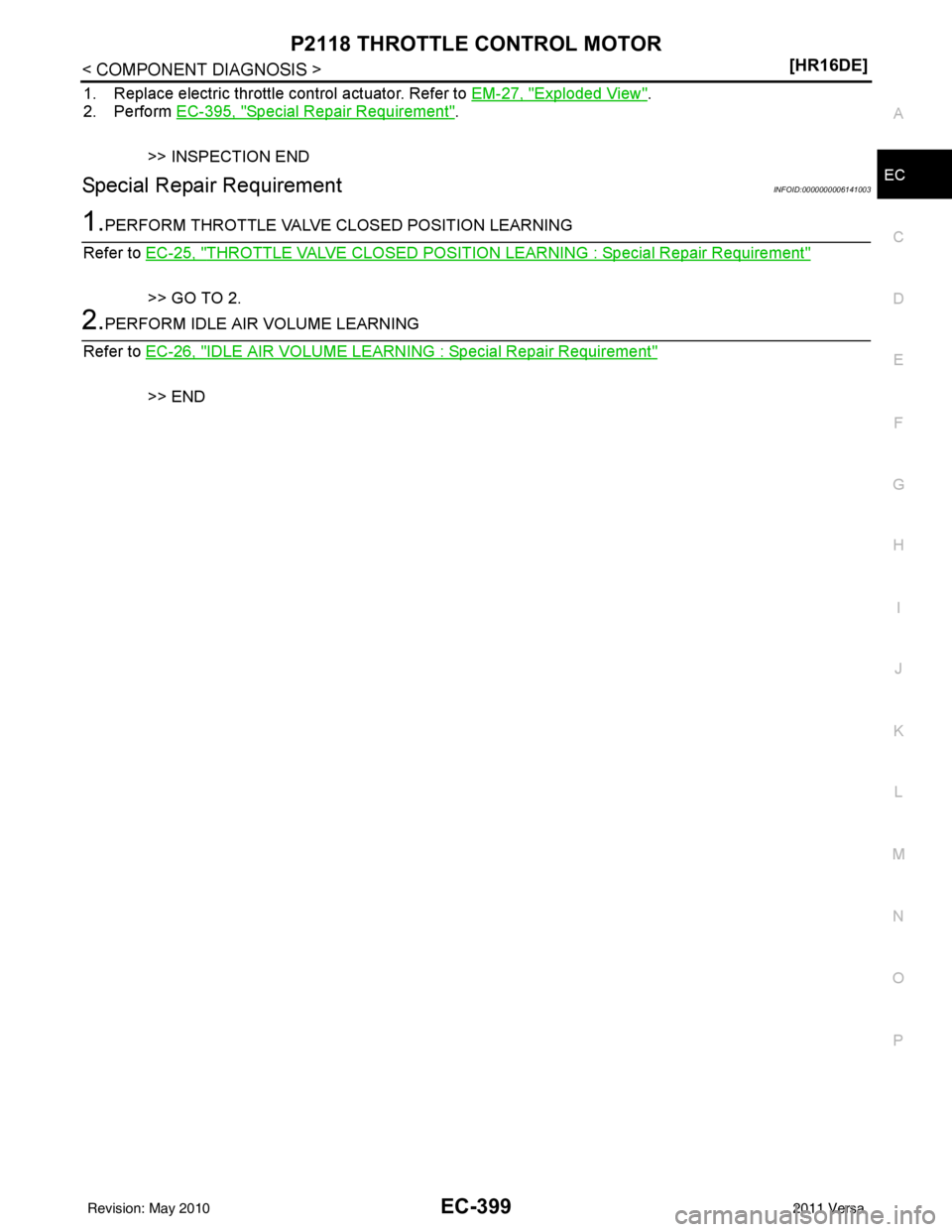 NISSAN LATIO 2011  Service Repair Manual P2118 THROTTLE CONTROL MOTOREC-399
< COMPONENT DIAGNOSIS > [HR16DE]
C
D
E
F
G H
I
J
K L
M A
EC
NP
O
1. Replace electric throttle control actuator. Refer to 
EM-27, "Exploded View".
2. Perform  EC-395,