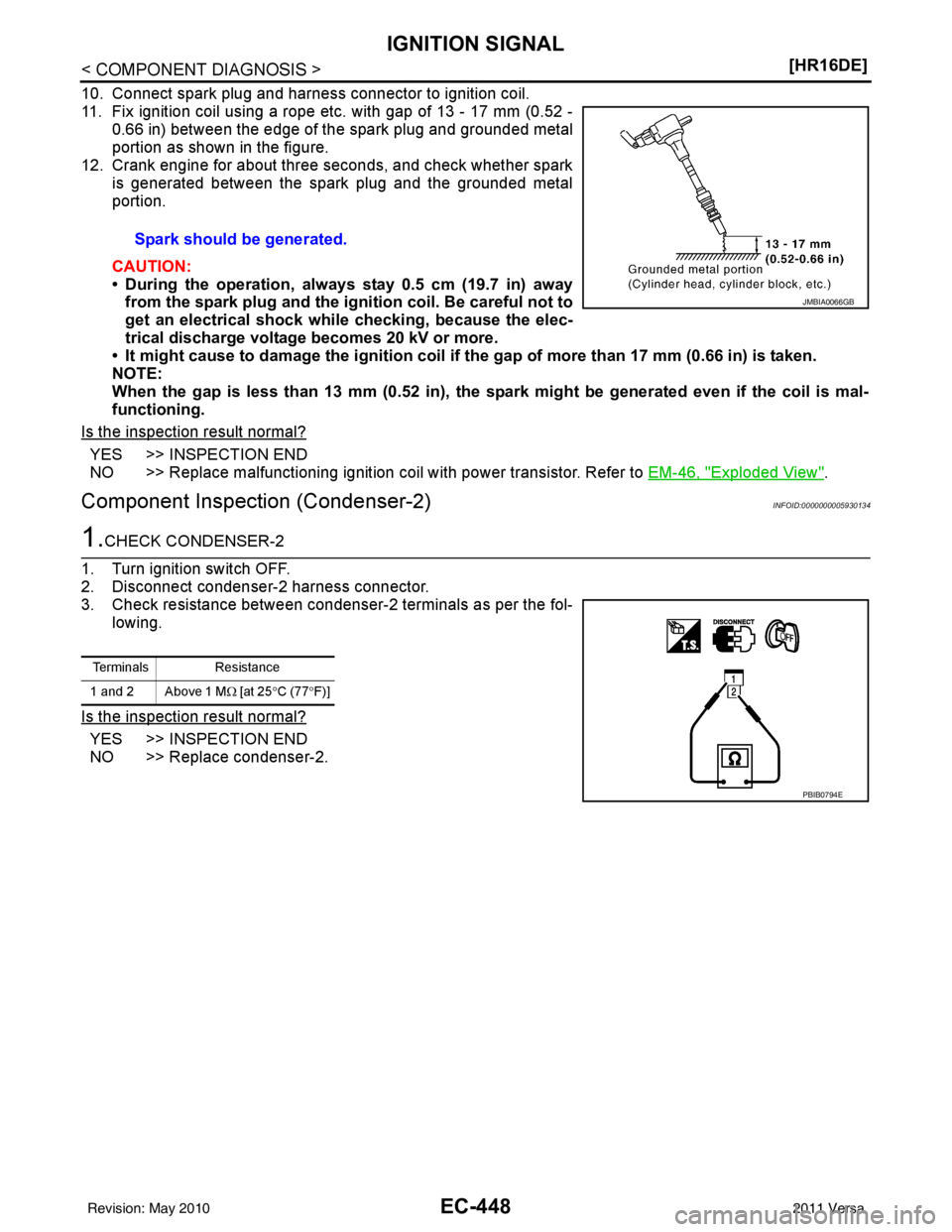 NISSAN LATIO 2011  Service Repair Manual EC-448
< COMPONENT DIAGNOSIS >[HR16DE]
IGNITION SIGNAL
10. Connect spark plug and harness connector to ignition coil.
11. Fix ignition coil using a rope etc. with gap of 13 - 17 mm (0.52 -
0.66 in) be