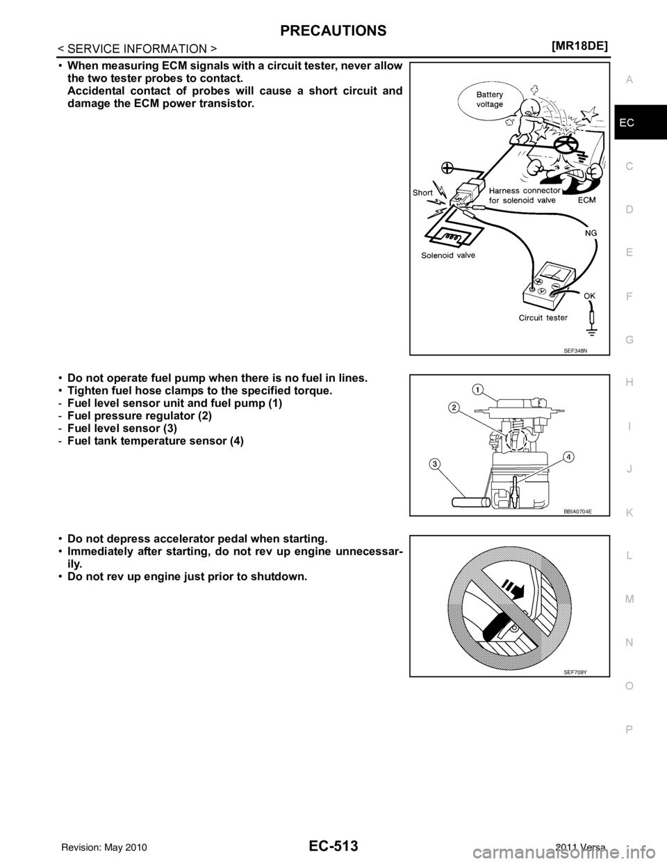 NISSAN LATIO 2011  Service Repair Manual PRECAUTIONSEC-513
< SERVICE INFORMATION > [MR18DE]
C
D
E
F
G H
I
J
K L
M A
EC
NP
O
•
When measuring ECM signals with a circuit tester, never allow
the two tester probes to contact.
Accidental contac