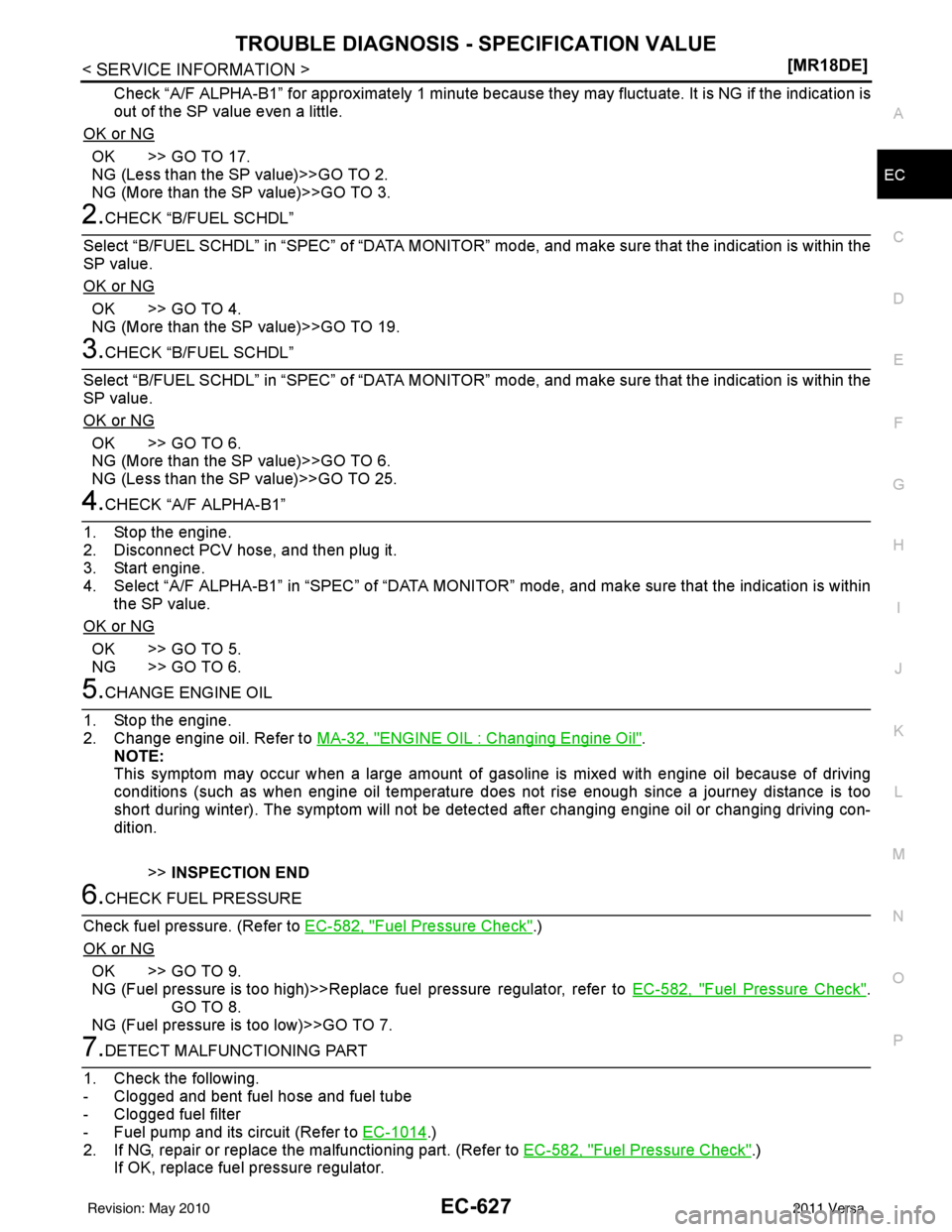 NISSAN LATIO 2011  Service Repair Manual TROUBLE DIAGNOSIS - SPECIFICATION VALUEEC-627
< SERVICE INFORMATION > [MR18DE]
C
D
E
F
G H
I
J
K L
M A
EC
NP
O
Check “A/F ALPHA-B1” for approximately 1 minute because t
hey may fluctuate. It is NG