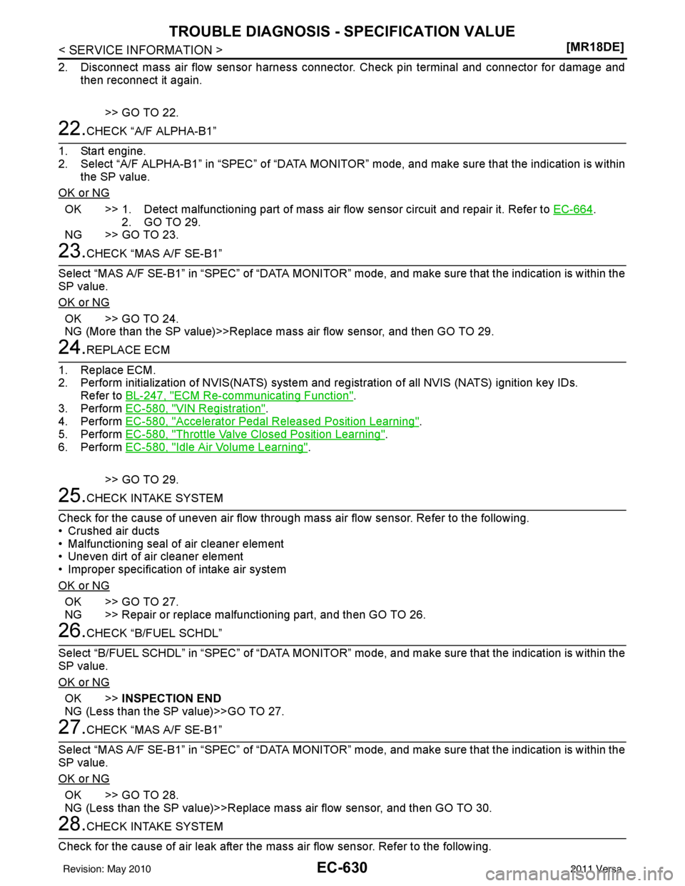 NISSAN LATIO 2011  Service Repair Manual EC-630
< SERVICE INFORMATION >[MR18DE]
TROUBLE DIAGNOSIS - SPECIFICATION VALUE
2. Disconnect mass air flow sensor harness connector. Check pin terminal and connector for damage and
then reconnect it a