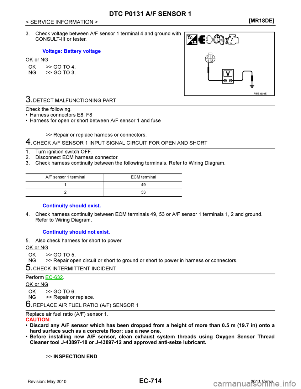 NISSAN LATIO 2011  Service Repair Manual EC-714
< SERVICE INFORMATION >[MR18DE]
DTC P0131 A/F SENSOR 1
3. Check voltage between A/F sensor 1 terminal 4 and ground with
CONSULT-III or tester.
OK or NG
OK >> GO TO 4.
NG >> GO TO 3.
3.DETECT MA