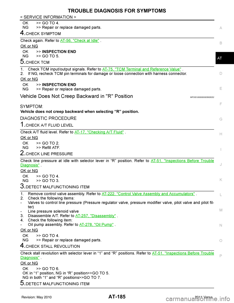 NISSAN LATIO 2011  Service Repair Manual TROUBLE DIAGNOSIS FOR SYMPTOMSAT-185
< SERVICE INFORMATION >
DE
F
G H
I
J
K L
M A
B
AT
N
O P
OK >> GO TO 4.
NG >> Repair or replace damaged parts.
4.CHECK SYMPTOM
Check again. Refer to  AT-56, "
Check