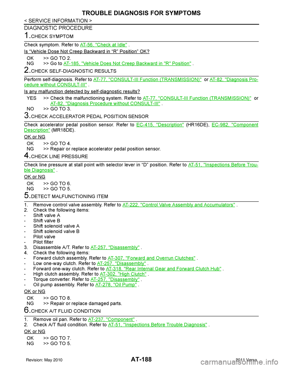 NISSAN LATIO 2011  Service Repair Manual AT-188
< SERVICE INFORMATION >
TROUBLE DIAGNOSIS FOR SYMPTOMS
DIAGNOSTIC PROCEDURE
1.CHECK SYMPTOM
Check symptom. Refer to AT-56, "
Check at Idle" .
Is 
“Vehicle Dose Not Creep Backward in “R” P