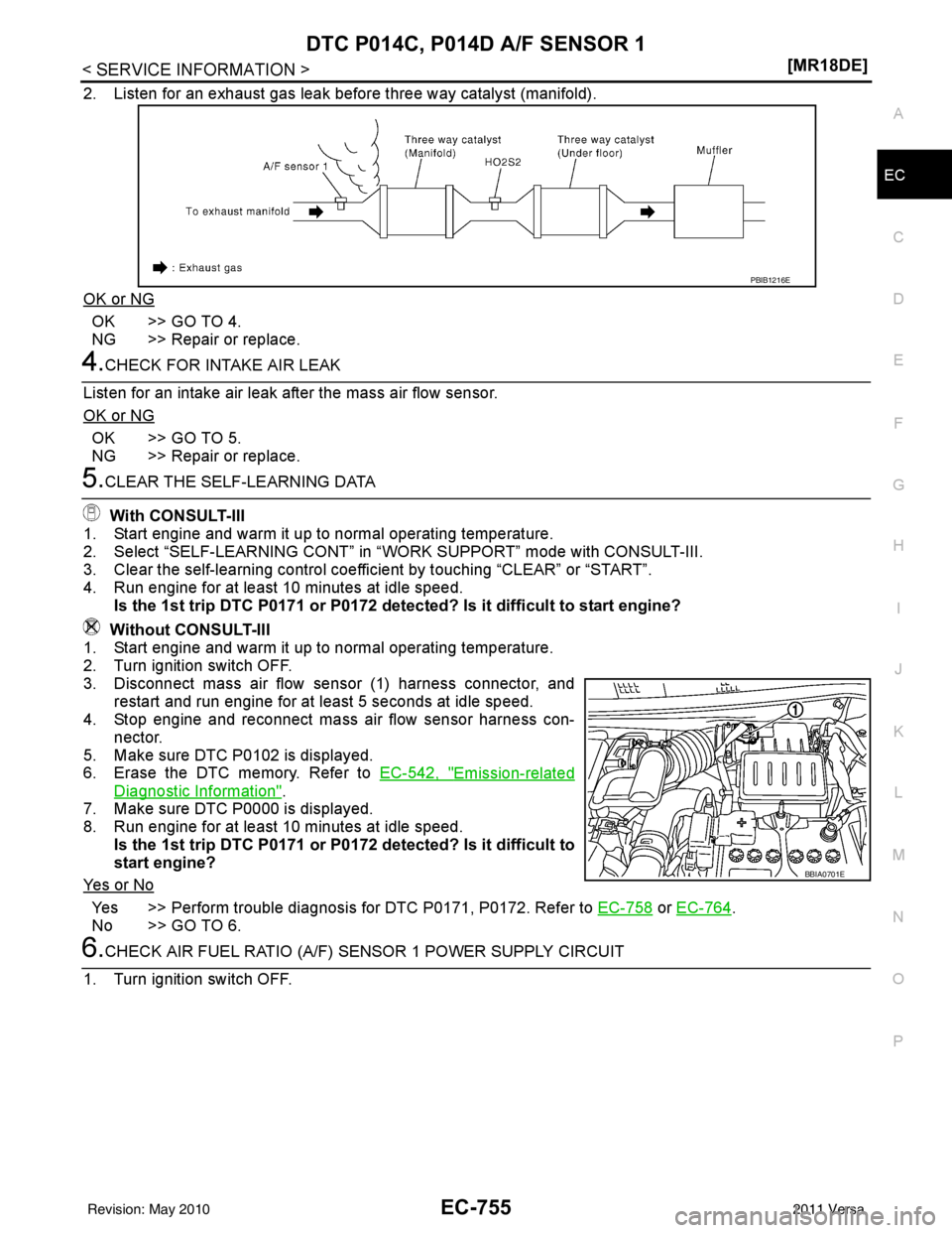 NISSAN LATIO 2011  Service Repair Manual DTC P014C, P014D A/F SENSOR 1EC-755
< SERVICE INFORMATION > [MR18DE]
C
D
E
F
G H
I
J
K L
M A
EC
NP
O
2. Listen for an exhaust gas leak before three way catalyst (manifold).
OK or NG
OK >> GO TO 4.
NG 