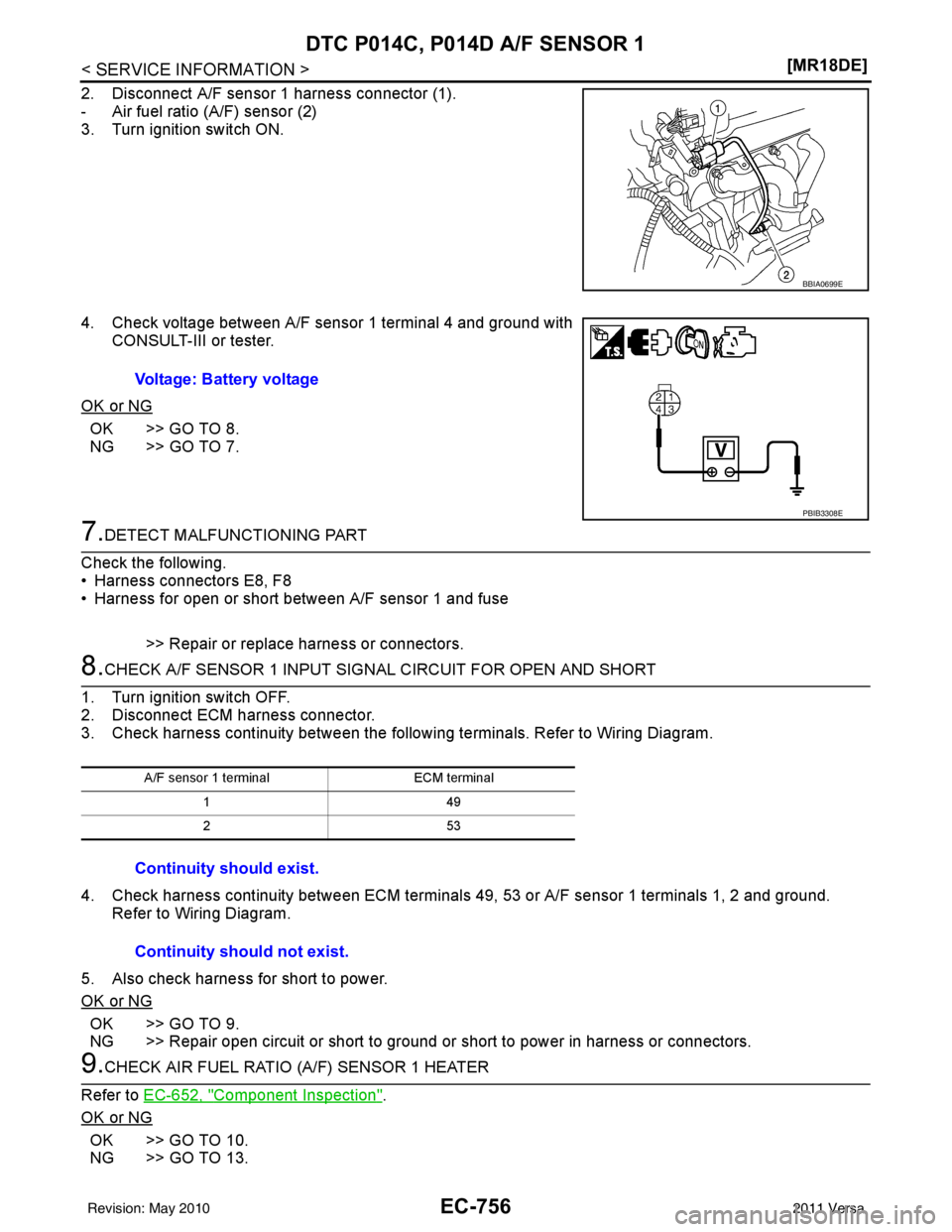 NISSAN LATIO 2011  Service Repair Manual EC-756
< SERVICE INFORMATION >[MR18DE]
DTC P014C, P014D A/F SENSOR 1
2. Disconnect A/F sensor 1 harness connector (1).
- Air fuel ratio (A/F) sensor (2)
3. Turn ignition switch ON.
4. Check voltage be