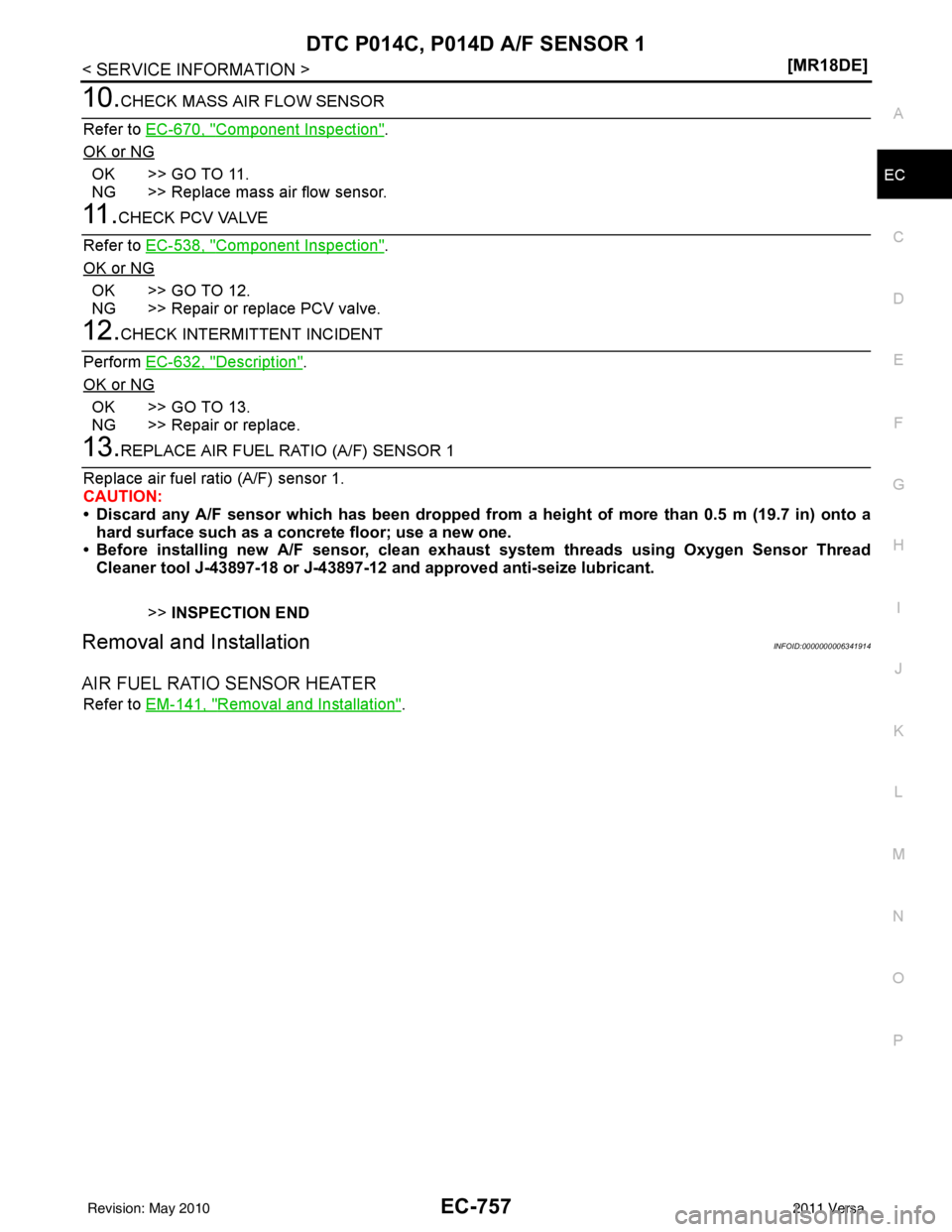 NISSAN LATIO 2011  Service Repair Manual DTC P014C, P014D A/F SENSOR 1EC-757
< SERVICE INFORMATION > [MR18DE]
C
D
E
F
G H
I
J
K L
M A
EC
NP
O
10.CHECK MASS AIR FLOW SENSOR
Refer to  EC-670, "
Component Inspection".
OK or NG
OK >> GO TO 11.
N