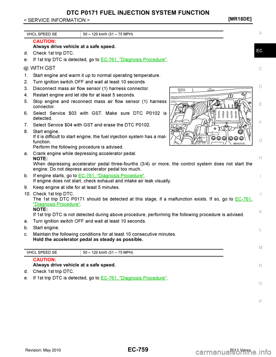 NISSAN LATIO 2011  Service Repair Manual DTC P0171 FUEL INJECTION SYSTEM FUNCTION
EC-759
< SERVICE INFORMATION > [MR18DE]
C
D
E
F
G H
I
J
K L
M A
EC
NP
O
CAUTION:
Always drive vehicle at a safe speed.
d. Check 1st trip DTC.
e. If 1st trip DT