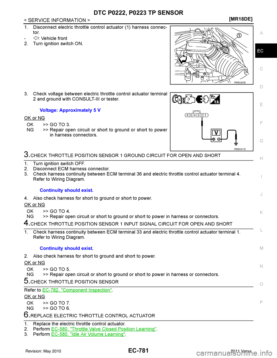 NISSAN LATIO 2011  Service Repair Manual DTC P0222, P0223 TP SENSOR
EC-781
< SERVICE INFORMATION > [MR18DE]
C
D
E
F
G H
I
J
K L
M A
EC
NP
O
1. Disconnect electric throttle c
ontrol actuator (1) harness connec-
tor.
- : Vehicle front
2. Turn 