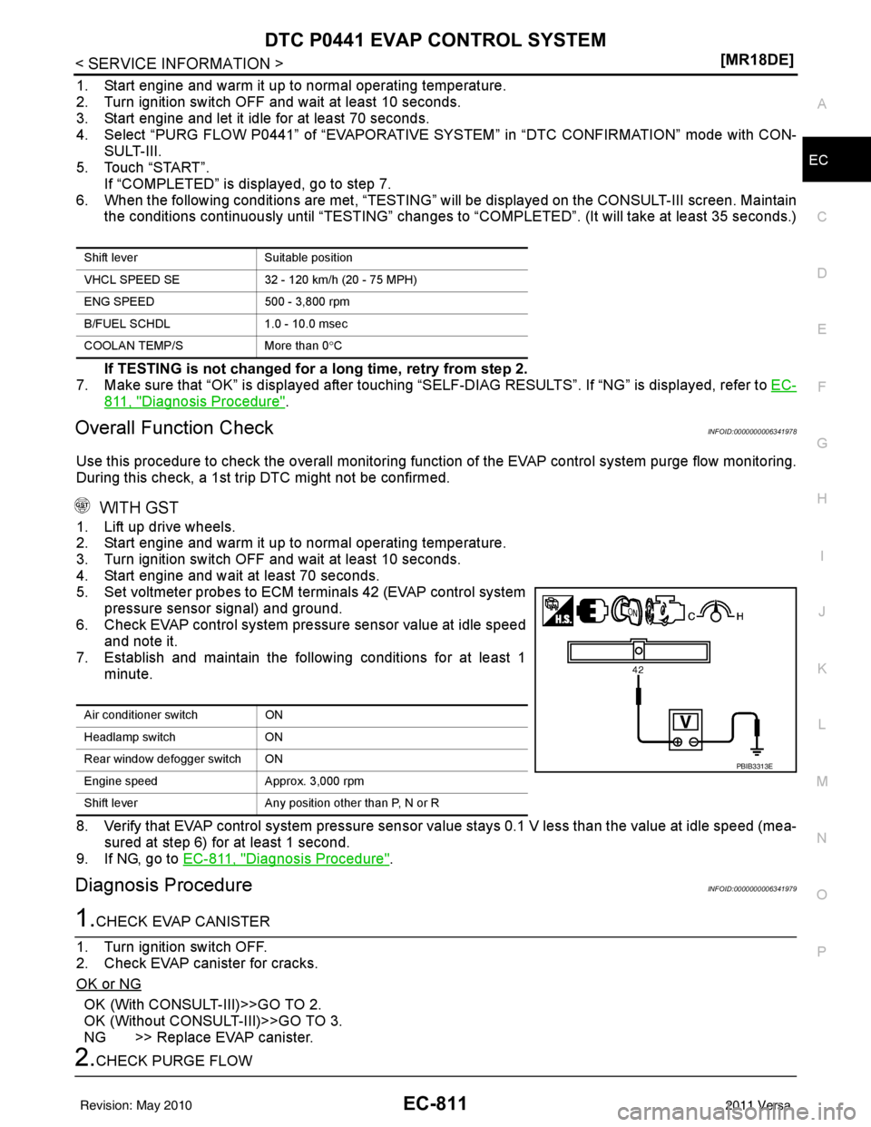 NISSAN LATIO 2011  Service Repair Manual DTC P0441 EVAP CONTROL SYSTEMEC-811
< SERVICE INFORMATION > [MR18DE]
C
D
E
F
G H
I
J
K L
M A
EC
NP
O
1. Start engine and warm it up to normal operating temperature.
2. Turn ignition switch OFF and wai
