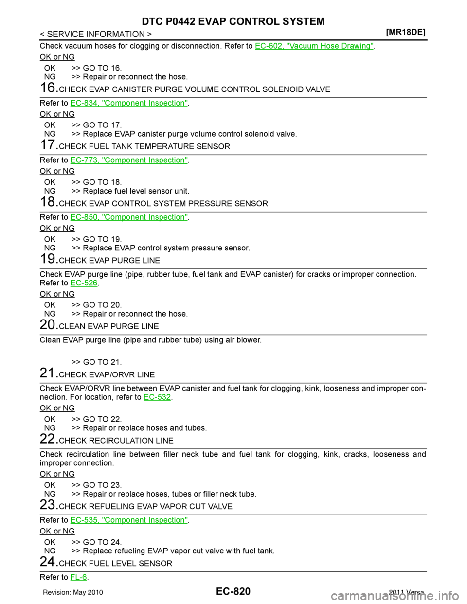 NISSAN LATIO 2011  Service Repair Manual EC-820
< SERVICE INFORMATION >[MR18DE]
DTC P0442 EVAP CONTROL SYSTEM
Check vacuum hoses for clogging or disconnection. Refer to 
EC-602, "Vacuum Hose Drawing".
OK or NG
OK >> GO TO 16.
NG >> Repair or