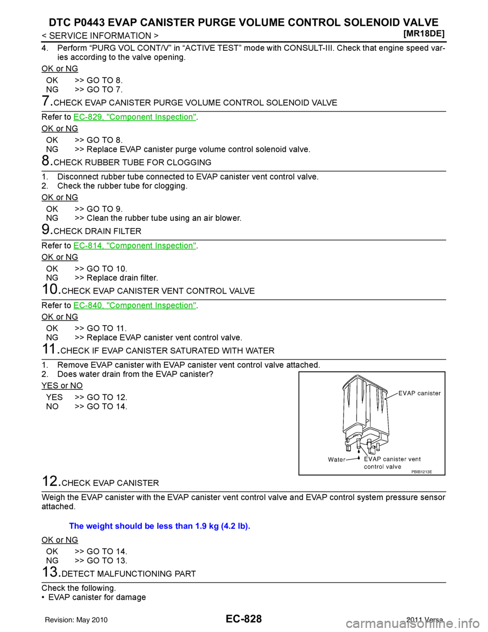 NISSAN LATIO 2011  Service Repair Manual EC-828
< SERVICE INFORMATION >[MR18DE]
DTC P0443 EVAP CANISTER PURGE VO
LUME CONTROL SOLENOID VALVE
4. Perform “PURG VOL CONT/V” in “ACTIVE TEST” mode with CONSULT-III. Check that engine speed