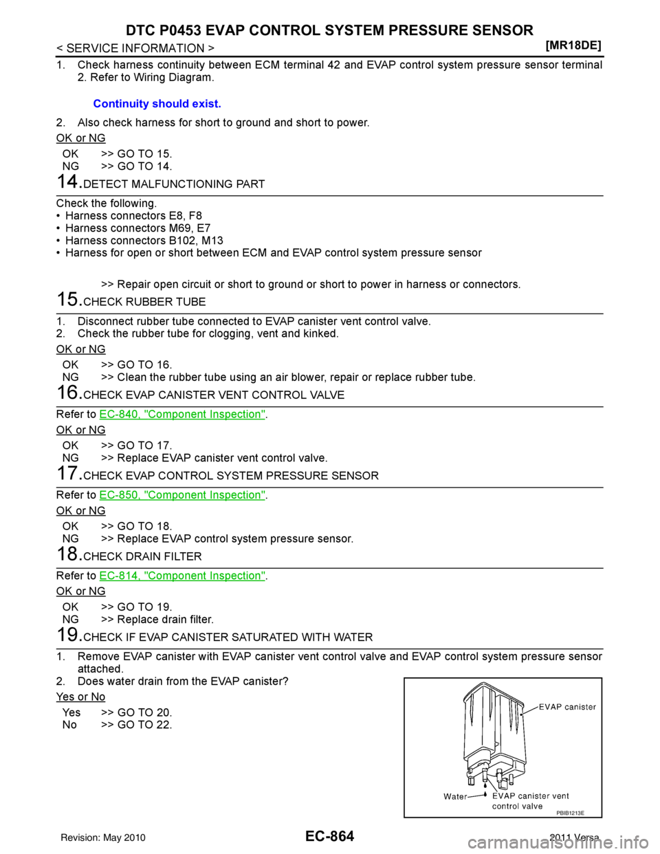 NISSAN LATIO 2011  Service Repair Manual EC-864
< SERVICE INFORMATION >[MR18DE]
DTC P0453 EVAP CONTROL 
SYSTEM PRESSURE SENSOR
1. Check harness continuity between ECM terminal 42  and EVAP control system pressure sensor terminal
2. Refer to 