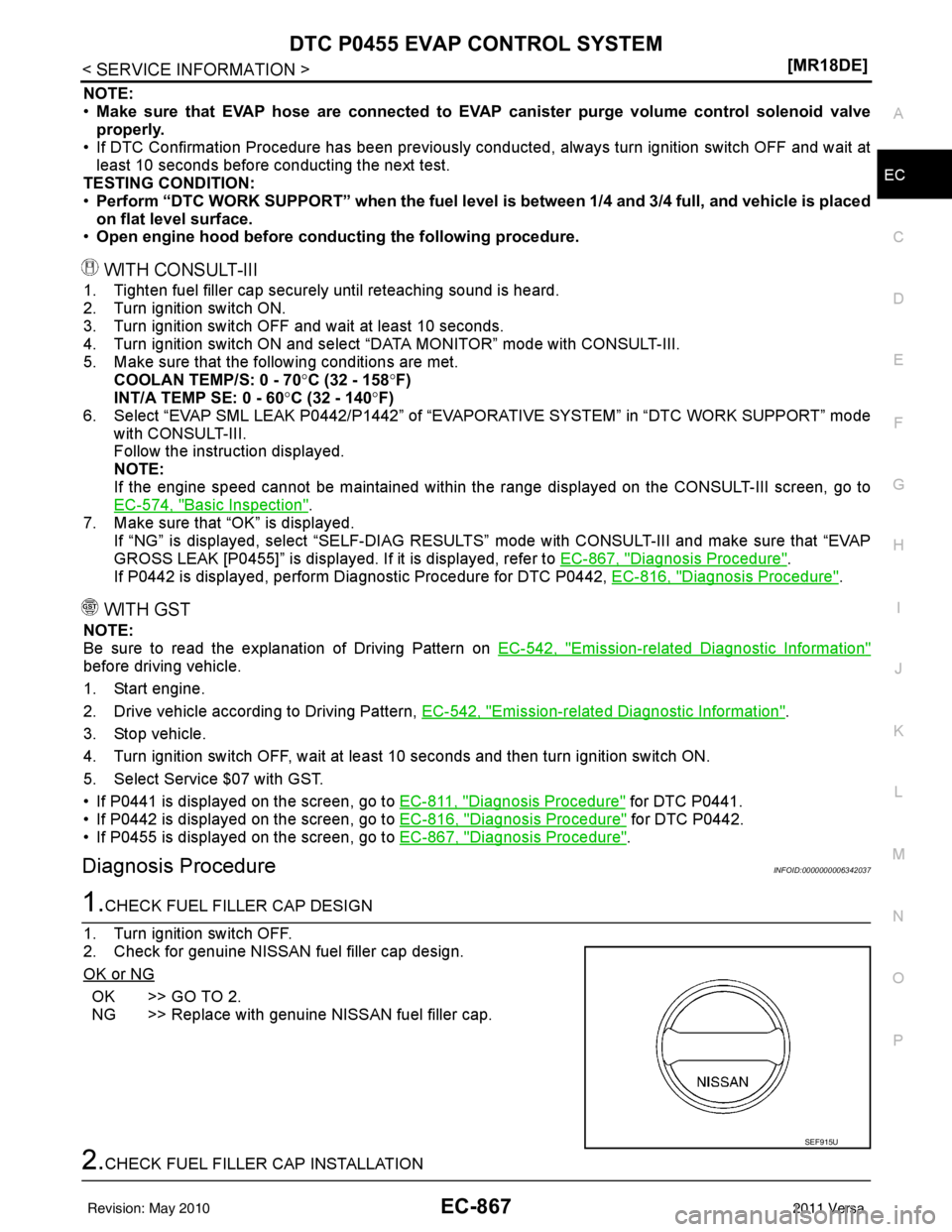 NISSAN LATIO 2011  Service Repair Manual DTC P0455 EVAP CONTROL SYSTEMEC-867
< SERVICE INFORMATION > [MR18DE]
C
D
E
F
G H
I
J
K L
M A
EC
NP
O
NOTE:
•
Make sure that EVAP hose are connected to EVAP  canister purge volume control solenoid va