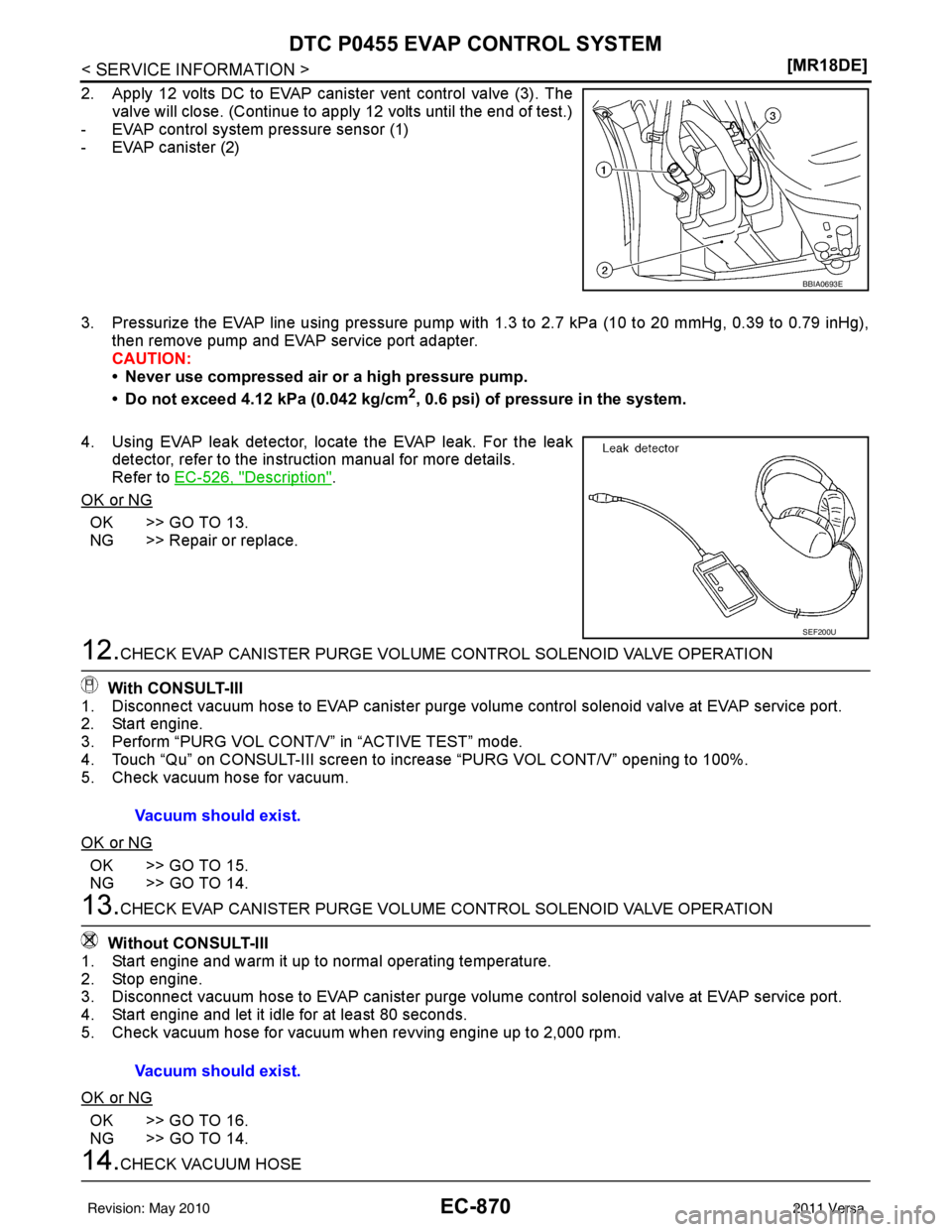 NISSAN LATIO 2011  Service Repair Manual EC-870
< SERVICE INFORMATION >[MR18DE]
DTC P0455 EVAP CONTROL SYSTEM
2. Apply 12 volts DC to EVAP canister vent control valve (3). The
valve will close. (Continue to appl y 12 volts until the end of t