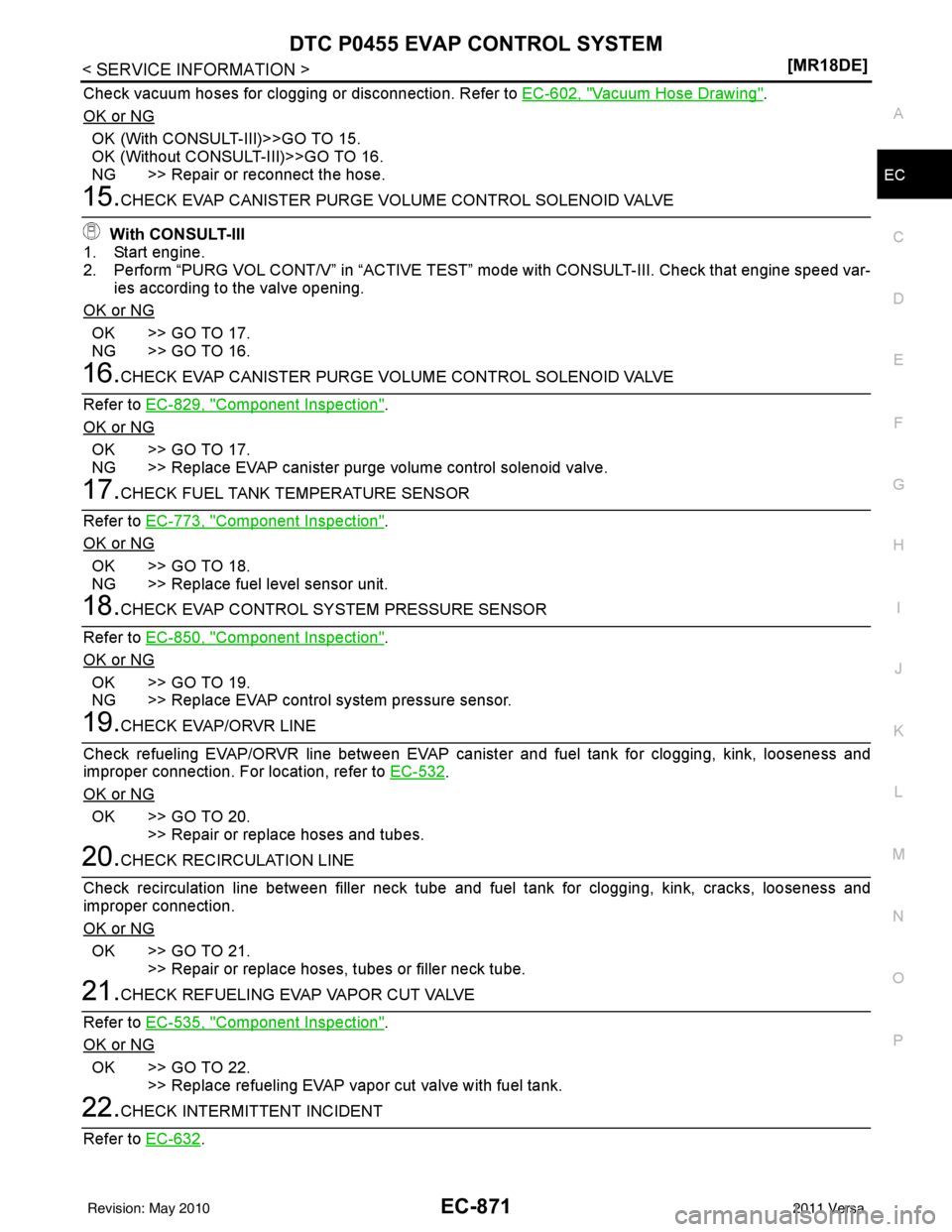 NISSAN LATIO 2011  Service Repair Manual DTC P0455 EVAP CONTROL SYSTEMEC-871
< SERVICE INFORMATION > [MR18DE]
C
D
E
F
G H
I
J
K L
M A
EC
NP
O
Check vacuum hoses for clogging or disconnection. Refer to 
EC-602, "Vacuum Hose Drawing".
OK or NG